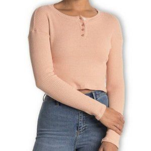 Lush Cafe Creme Ribbed Knit Long Sleeve Cropped Henley Top - Large - NWOT